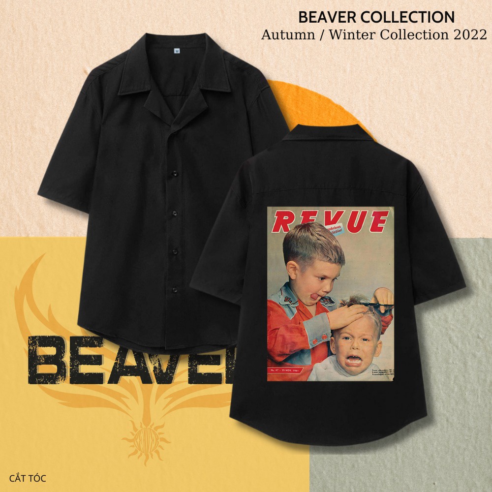 NHIỀU MẪU Áo Sơ Mi ĐEN Hoạ Tiết BEAVER Tay Ngắn Cổ Vest Thời Trang Unisex Vải Lụa Chéo