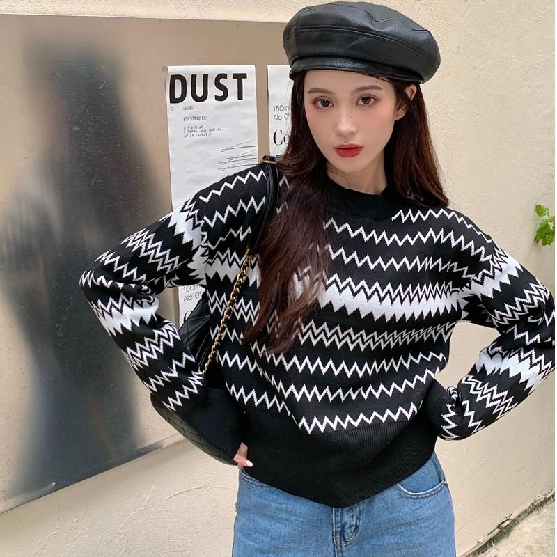 Áo sweater dệt kim cổ tròn tay dài kẻ sọc thoáng khí thoải mái thời trang Hàn Quốc cho nữ