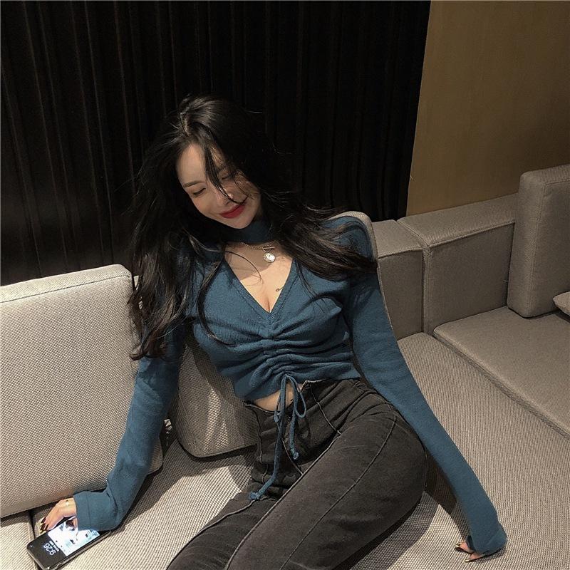 Áo Kiểu Dệt Kim Tay Dài Cổ Chữ V Có Dây Rút Giữa Màu Trơn Phong Cách Hàn Quốc