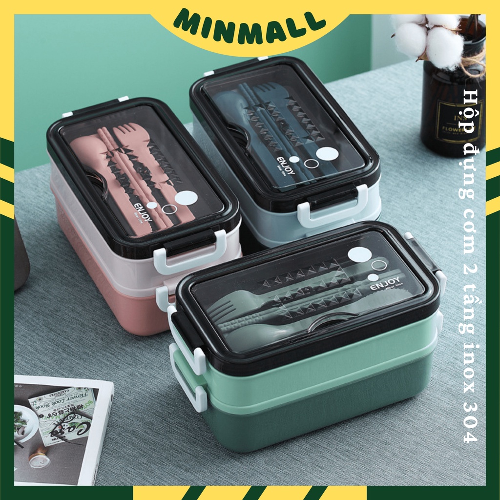 Hộp đựng cơm giữ nhiệt 2 tầng khay inox 304 cao cấp- kèm chén soup và muỗng đũa nĩa