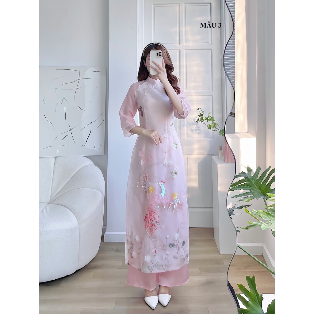 Áo dài nữ 4 tà 🎀FREESHIP🎀 Áo dài cách tân hồng thêu hoa [ao dai nu