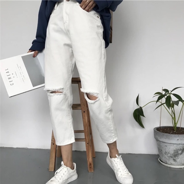 [ SẴN xl đen ] Quần baggy rách gối ulzzang / quần baggy jean suông _ có ảnh thật cuối