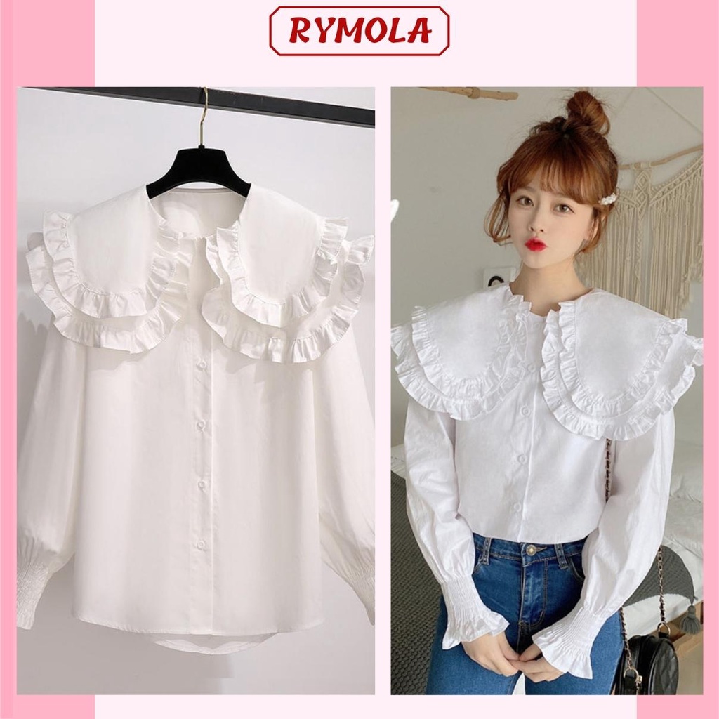 Áo Sơ Mi Trắng Nữ Cổ Bèo MOLA Tay Phồng Tiểu Thư Tay Bo Chun Phong Cách Hàn Quốc Vintage A5