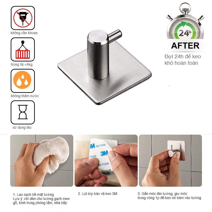 Móc Dán Tường, Móc Treo Quần Áo INOX SUS304 Không Cần Khoan Đa Năng Tiện Lợi