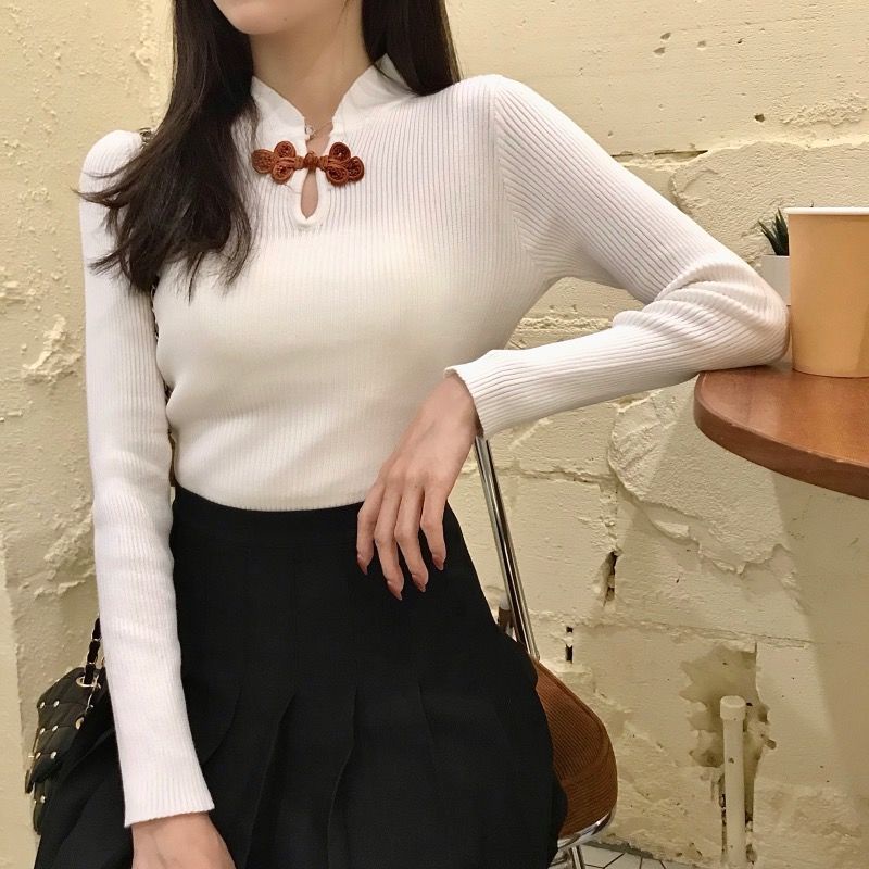 Áo len mỏng dài tay dáng ôm phong cách retro thiết kế mới 2 màu