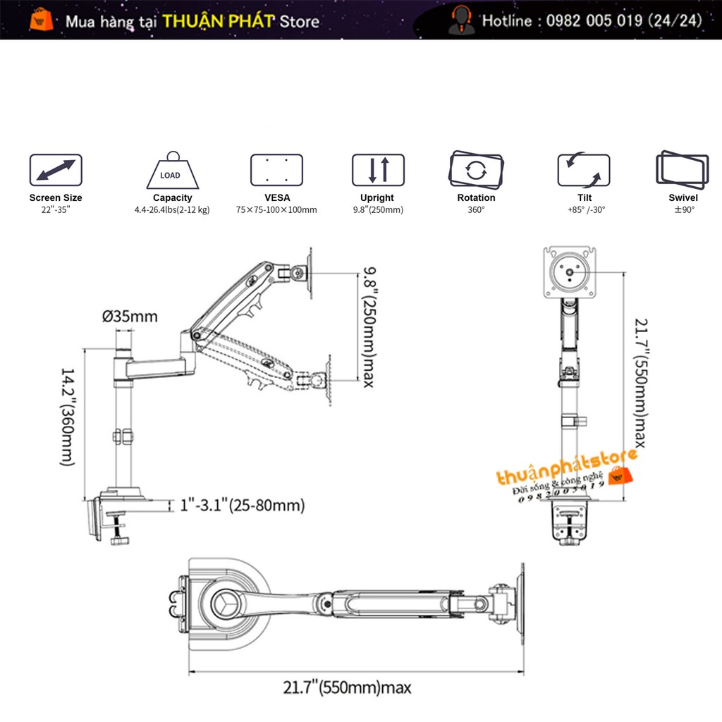 [MODEL MỚI] Giá Treo Màn Hình NB H100 - Hỗ Trợ Màn 22 - 35 Inch - Tay Treo Màn Hình Máy Tính Gắn Bàn Xoay 360 Độ