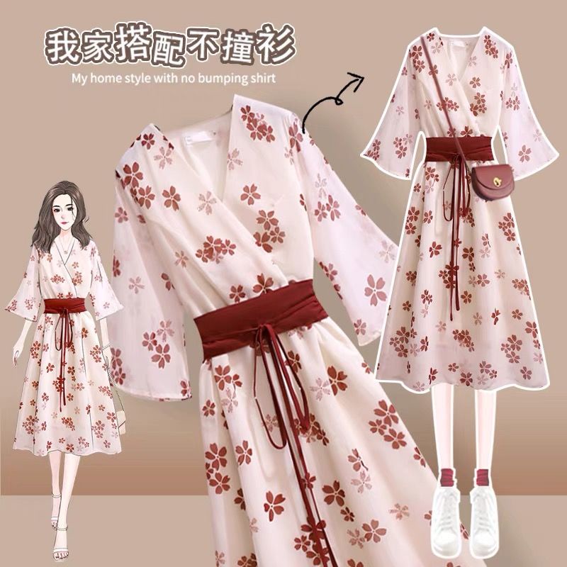 Floral dress 2022 new Chinese style high waist small fresh loose retro belt first love chiffon long skirt