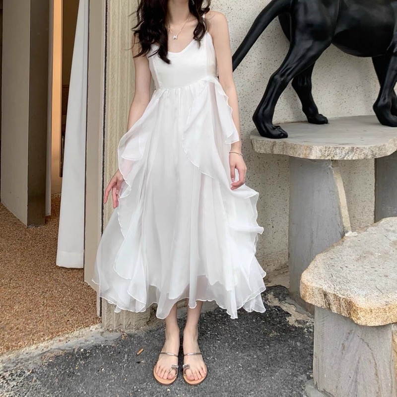 G1- đầm maxi voan bèo trắng 2 dây