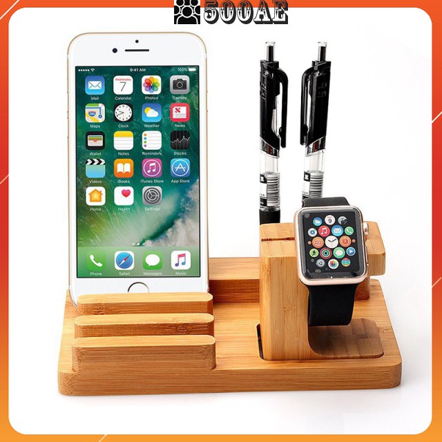 [ Hàng Độc ] Giá đỡ điện thoại đa năng kèm đế sạc Apple Watch iPad iPhone bằng gỗ trúc