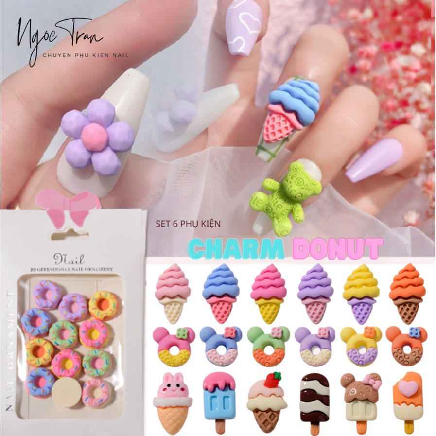 Set 6 Charm Hoạt Hình Kem Socola | Kem Ốc Quế | Bánh Donut | Phụ Kiện Trang Trí Móng