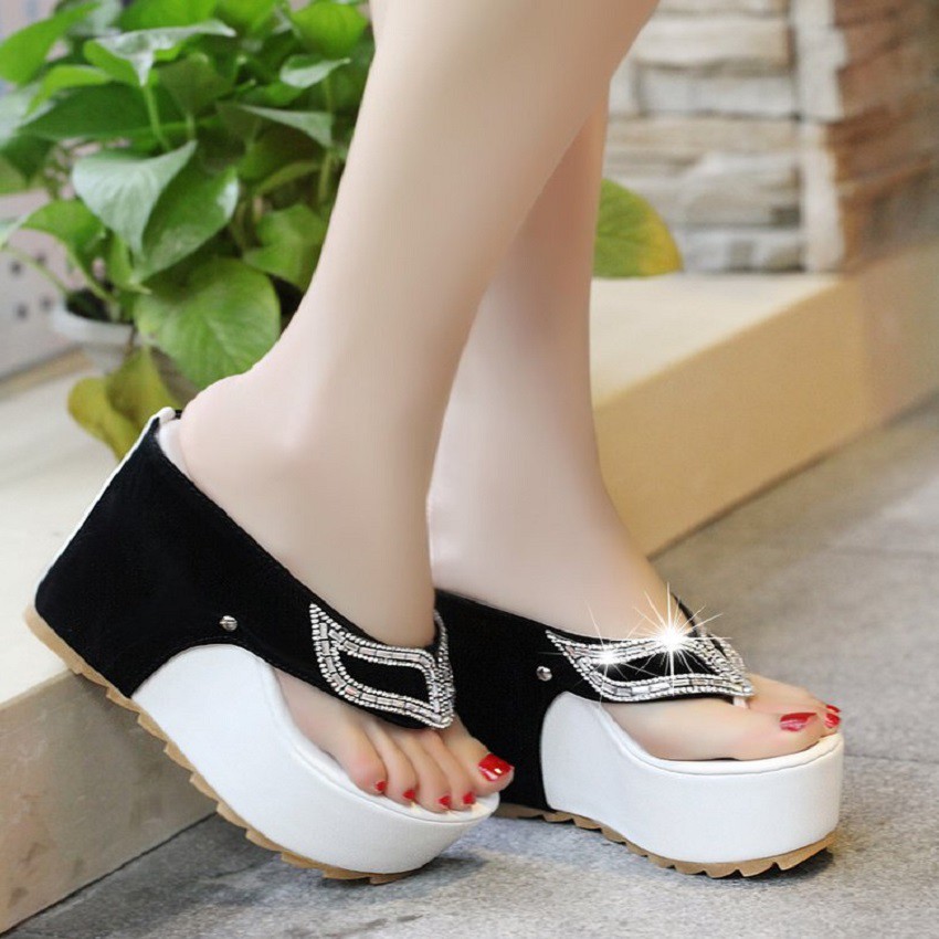 ⚡ Dép đế xuồng nữ chất nhung lì ép đá - Dép đế xuồng cao 10cm - Dép nữ màu đen - NA001
