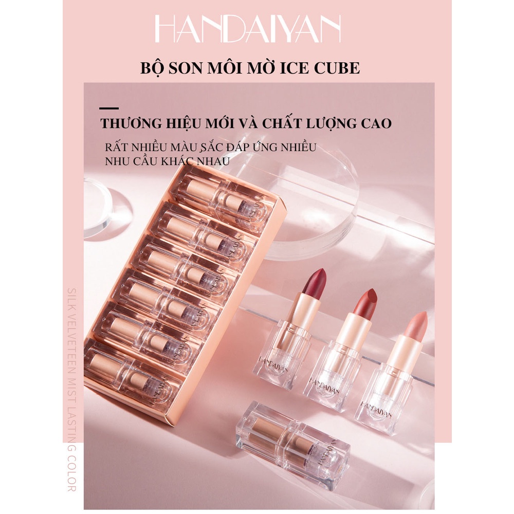Set 6 Thỏi Son Lì HANDAIYAN Crystal Square Tube Lipstick Small Ice Cube Matte Matte Lipstick Trang Điểm Chuyên Nghiệp C7