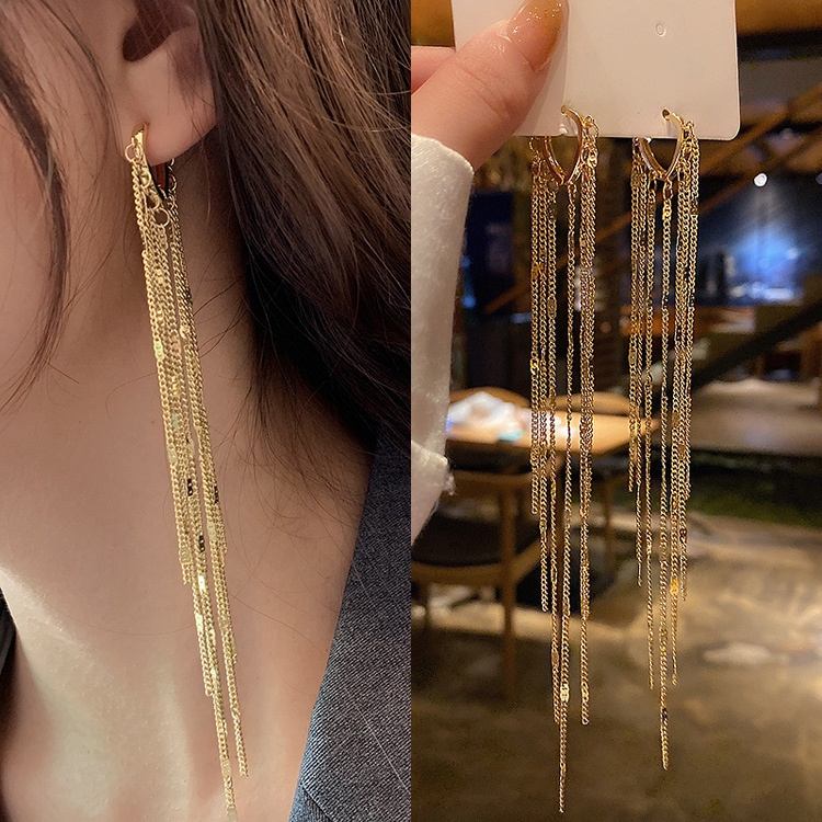 Khuyên Tai Kim Loại Dài Tua Rua Thời Trang Cho Nữ