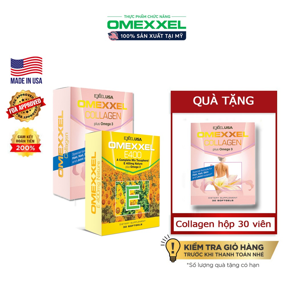 Bộ 2 hộp viên uống trắng da, chống lão hóa Omexxel E400 và Omexxel Collagen - 30 viên/hộp - Tặng 1 hộp Omexxel Collagen