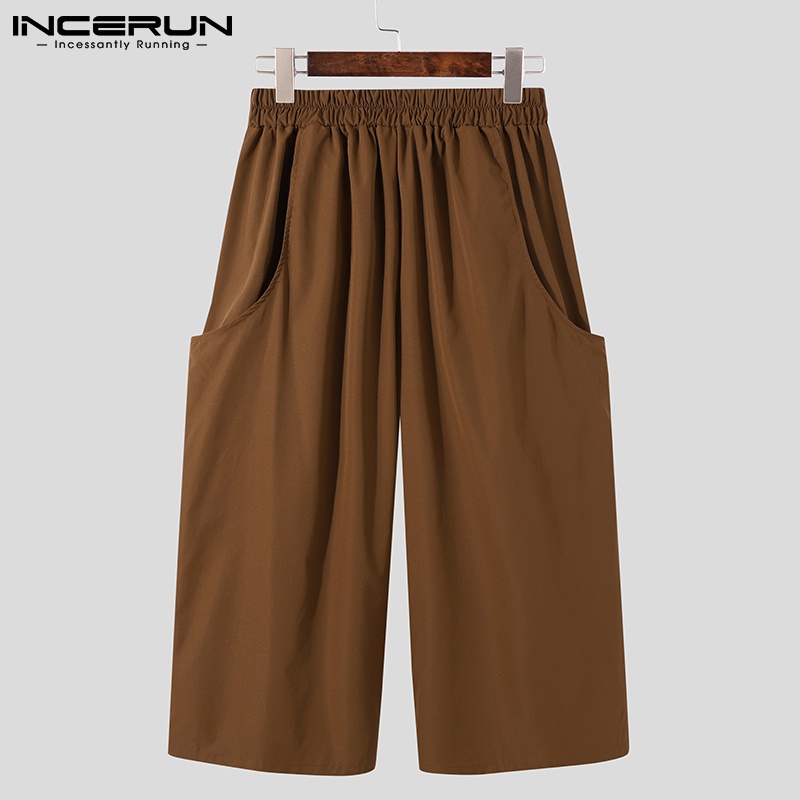 Quần INCERUN ống rộng eo có thắt lưng phong cách vintage thời trang cho nam