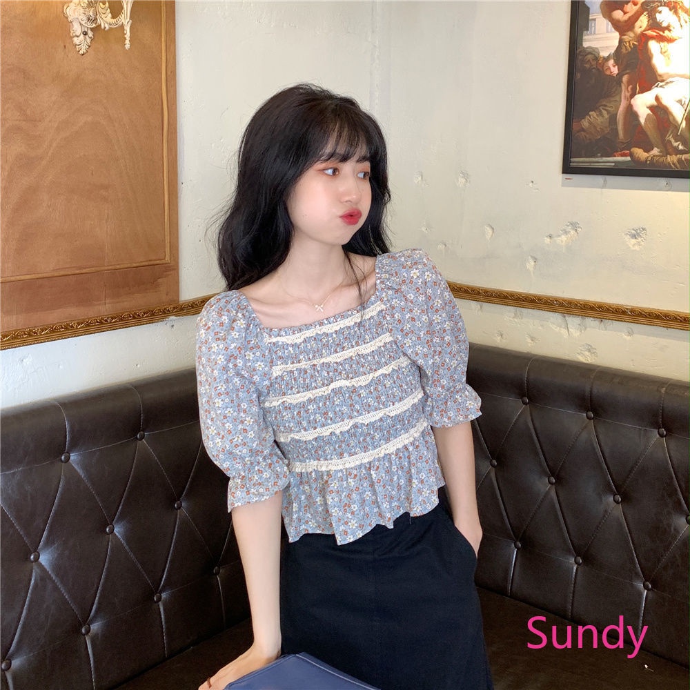 Áo Sơ Mi Hoa Xếp Ly Phối Ren Xinh Xắn Thời Trang Phương Tây Cho Nữ