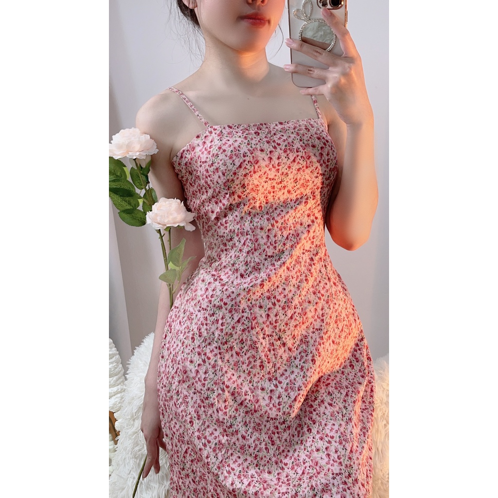 Váy Hai Dây Hoa Nhí Hồng Kèm Áo Cardigan Len Tăm Mỏng HT29 HaLuu Store Phù Hợp Cho Nữ