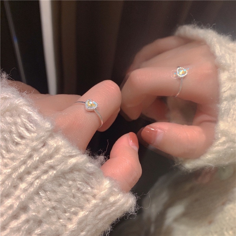 Nhẫn bạc S925 xích tim dây rút moonstone nhân tạo-Blackmeo.silver