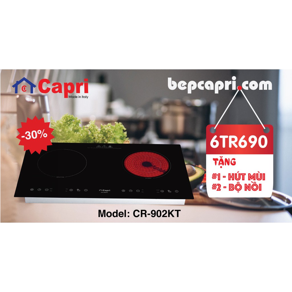 Combo Bếp điện từ Capri - thương hiệu Italia chính hãng CR-902KT + Hút mùi cao cấp CR-636H + Bộ nồi 4 món