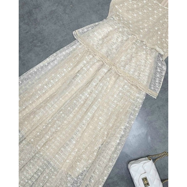 Set áo ren + chân váy dập li dày dặn sang chảnh kèm ảnh thật