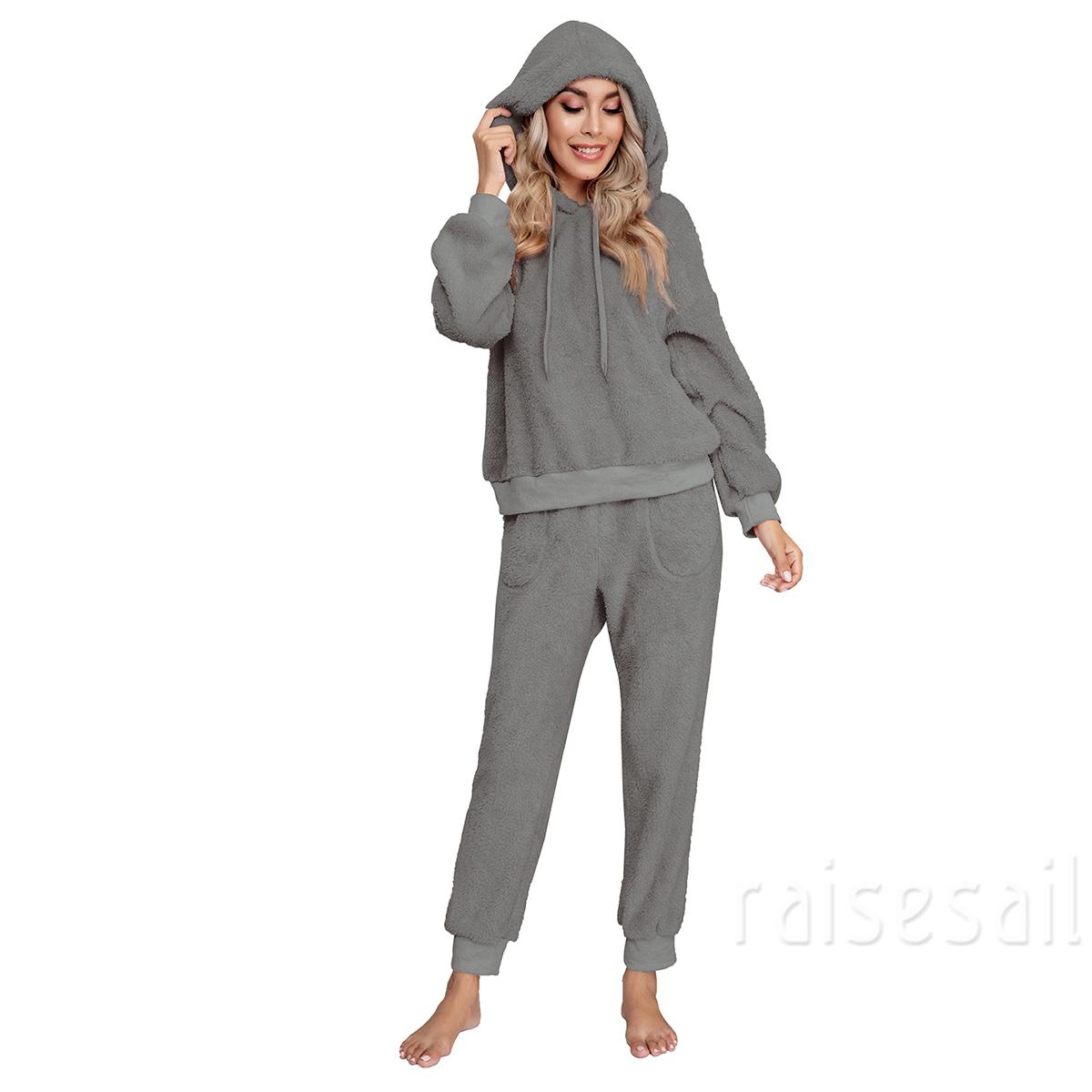 Rs Bộ Đồ 2 Món Áo Hoodie Tay Dài Vải Lông Cừu Hai Mặt Phối Quần Dài Giữ Ấm Mùa Đông Cho Nữ