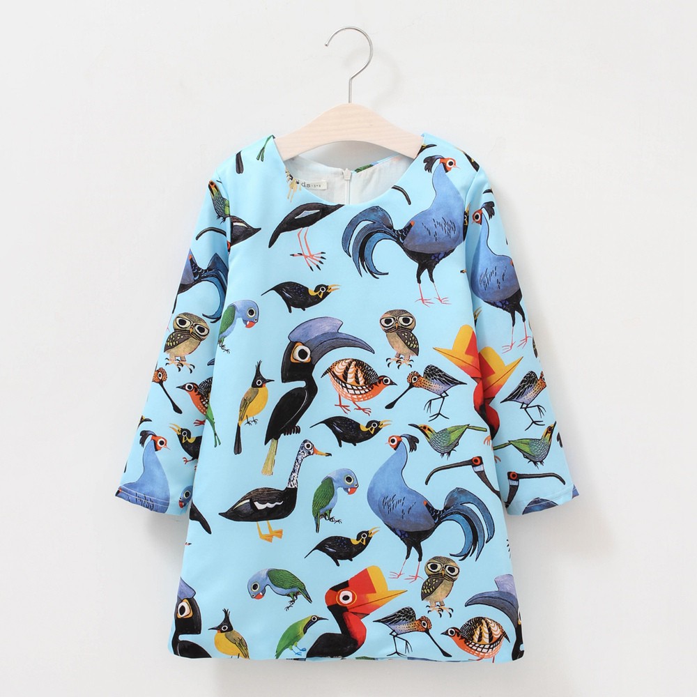 Đầm SANLUTOZ màu xanh dương in họa tiết chim phong cách thời trang mùa đông cho bé gái