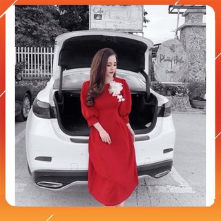 *Ảnh thật- Hàng cao cấp* Váy đỏ bo eo hoa trắng tay bồng, Đầm đỏ tay lỡ, Váy Hot xinh mặc tết 2021