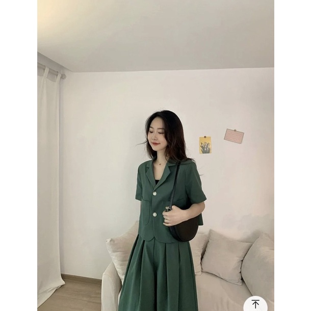 SET ÁO VEST XANH LÁ NÚT + CHÂN VÁY MIDI