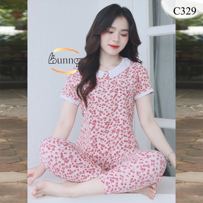 [Bunny] Đồ bộ nữ mặc nhà, quần áo nữ mẫu tay cộc quần dài chất liệu lụa hàn họa tiết hoa lá