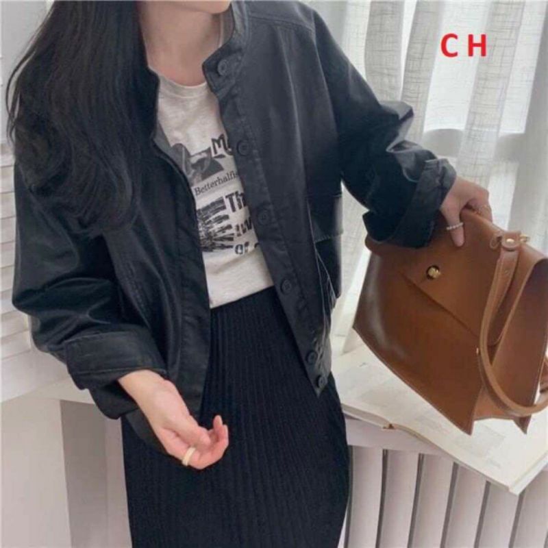 Áo Khoác da Cổ trụ Túi HộpFREESHIPBomber nữ croptop basicPhong cách cá tính, sexy