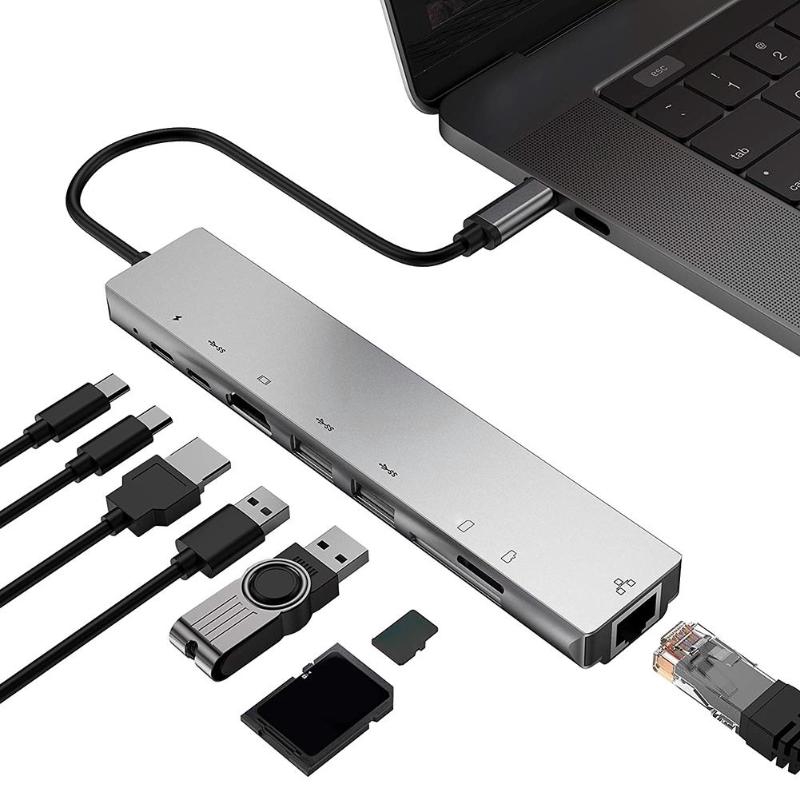 Bộ chuyển nguồn 8 in 1 Type-C HUB USB-C đến 4K HDMI /USB3.0 /RJ45 /PD có khe cắm thẻ nhớ SD/TF