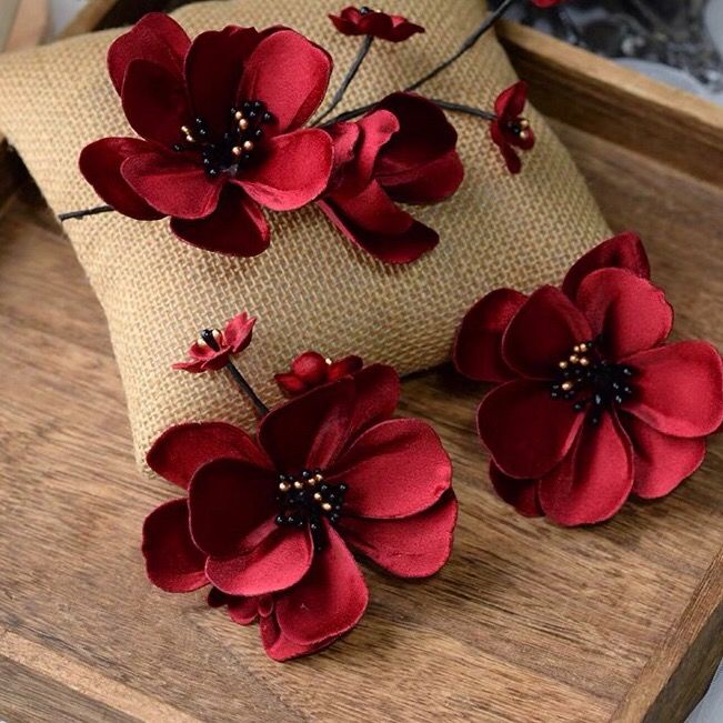 [Aishang Đẹp Mắt] Phụ Kiện Tóc Tết Hoa Đỏ Rượu Phụ Kiện Tóc Đuôi Ngựa Satin Cho Cô Dâu Ngày Cưới Cô Dâu