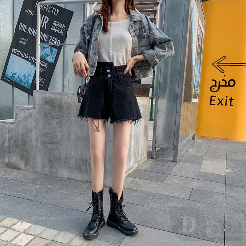 Quần Short Jean Lưng Cao Dáng Rộng Rách Gối Phong Cách Hàn Quốc Thời Trang Mùa Hè Hàng Mới