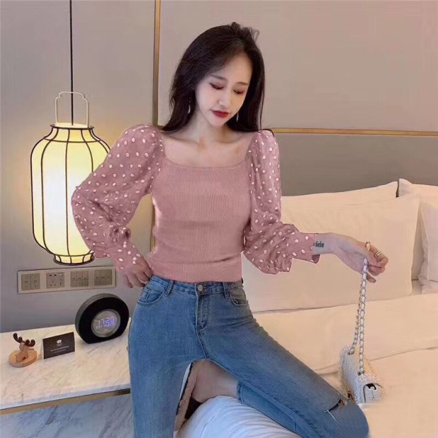 Áo nữ tay dài màu trơn chấm bi kiểu Hàn