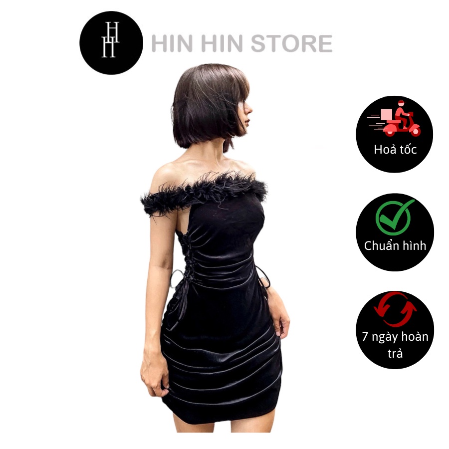 Đầm bẹt vai đen viền lông vũ nhún thun HDT279 Hỉn Hỉn Store