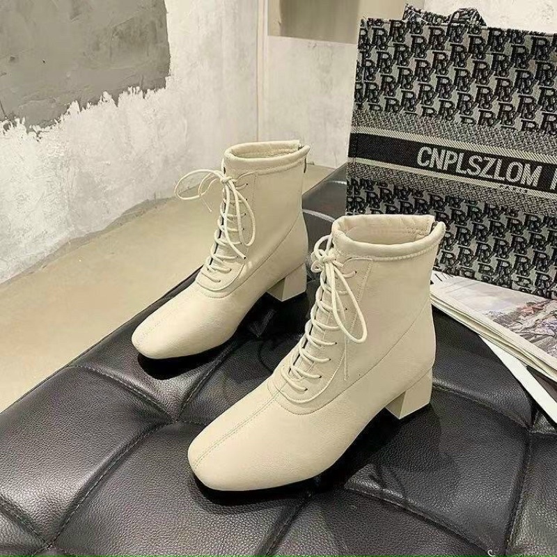 Giày Boot Nữ Cổ Cao Bốt Nữ Nhiều Dây Buộc Trước Có Khoá Kéo Sau Bên trong lót Lông