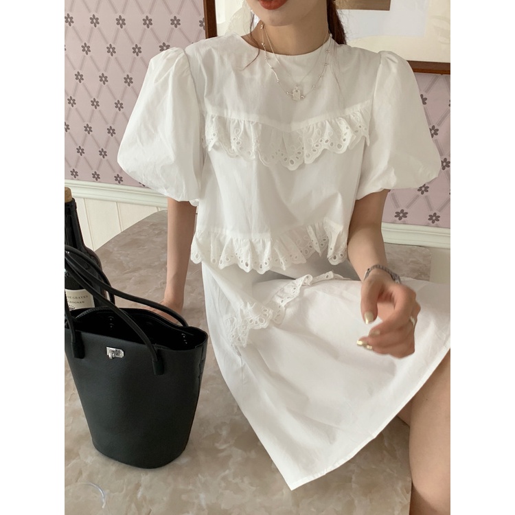 (HÀNG SẴN) Váy suông phối ren tầng xinh xắn - Váy trắng trên gối Hàn Quốc freesize