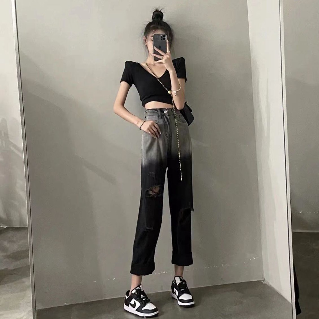 Jiashucheng Quần Jean Rách Màu Gradient Lưng Cao Dáng Rộng Thời Trang Hàn Quốc Cho Nữ