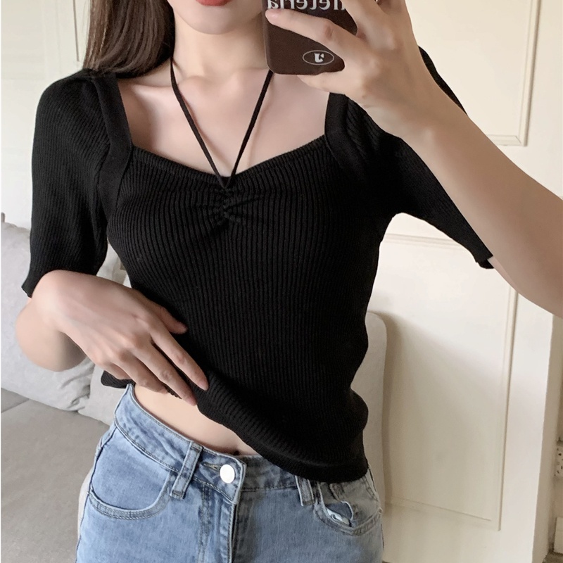 SUXI Áo Dệt Kim Cổ Vuông Họa Tiết Kẻ Sọc Màu Sắc Trơn Thời Trang Mùa Hè Cho Nữ