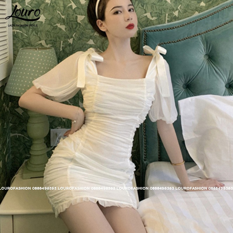 Đầm body trắng cổ vuông tay phồng, mẫu đầm nhún eo che khuyết điểm hiệu quả, tôn dáng tôn da -L065 | BigBuy360 - bigbuy360.vn
