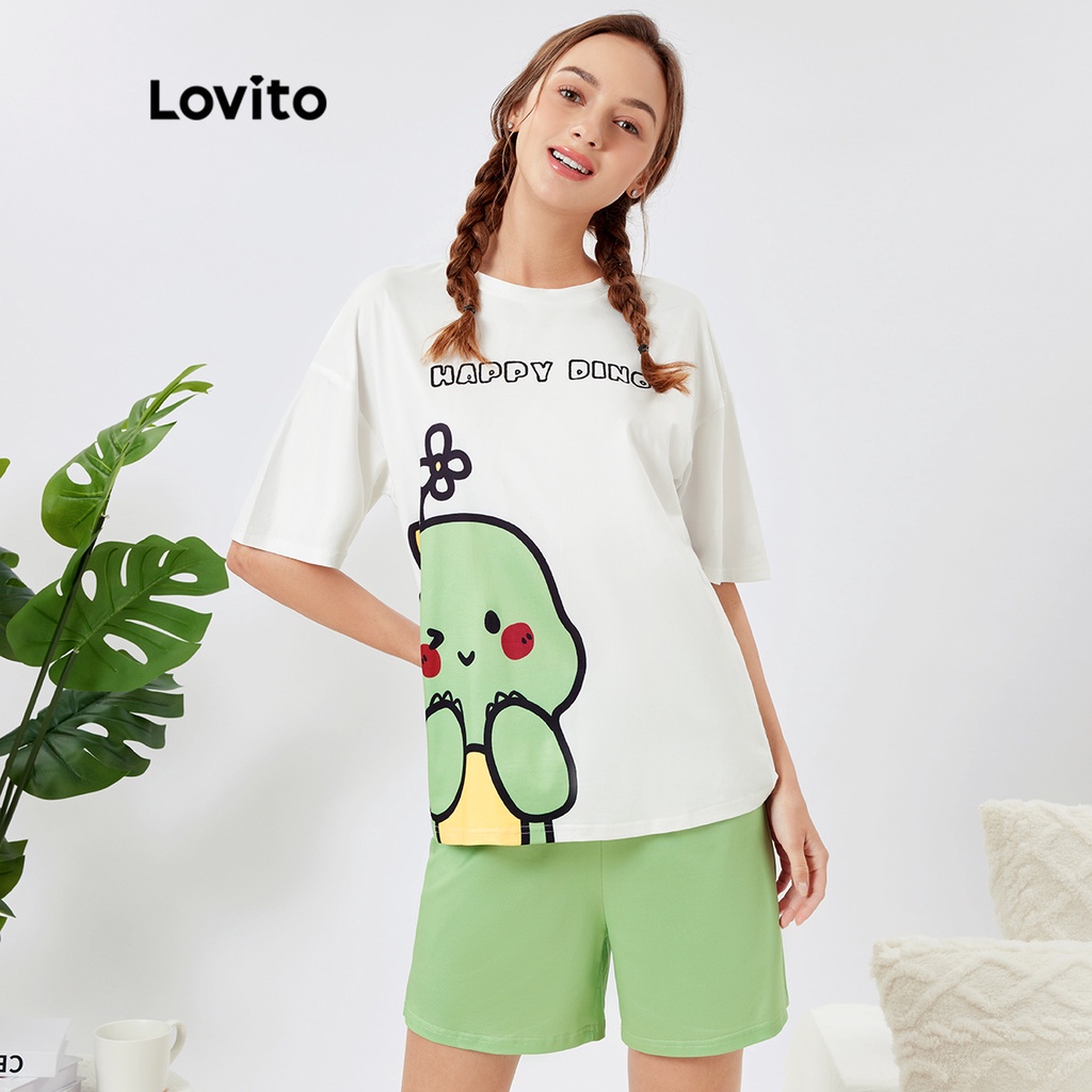 Set đồ pajamas Lovito họa tiết hoạt hình thoáng khí L26AD078 (màu xanh lá nhạt)