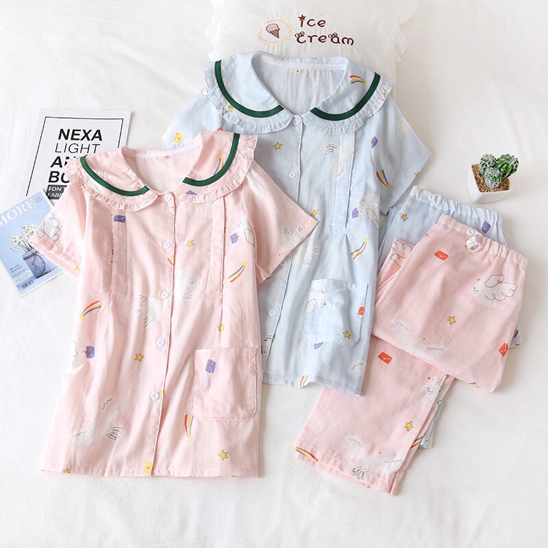 Pijama Sau Sinh Cho Con Bú Chất Xô Nhật Tay Ngắn Quần Dài