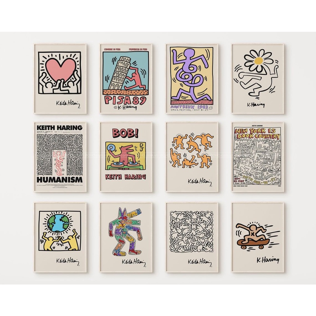 Bộ 12 mẫu tranh Keith Haring - Tranh canvas treo tường phòng khách phòng ngủ, tặng đinh 3 chân treo tranh.