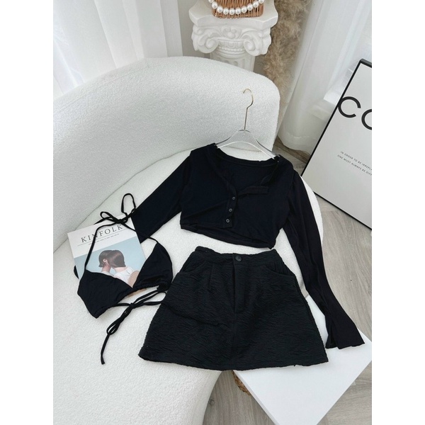 Set áo croptop yếm chân váy A đen