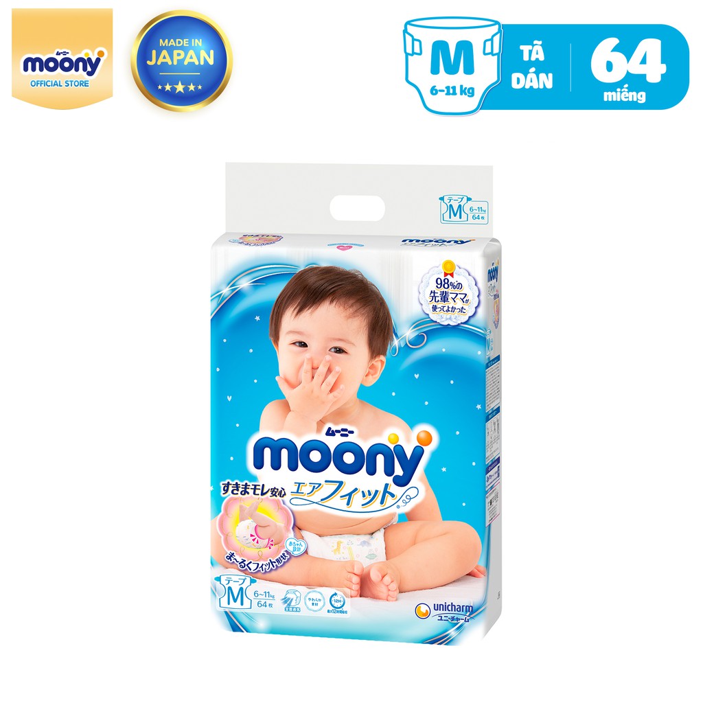 Tã dán cao cấp Moony S84/M64/L54 - Nhập khẩu từ Nhật Bản