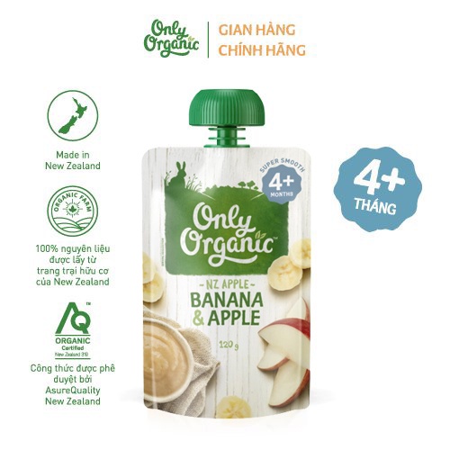 Hoa Quả Nghiền Ăn Dặm Hữu Cơ Only Organic Chuối Táo Cho Bé Từ 4 Tháng Tuổi 120g