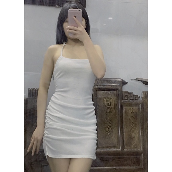 Đầm body sexy hở lưng váy ôm cổ yếm hở vai cột dây