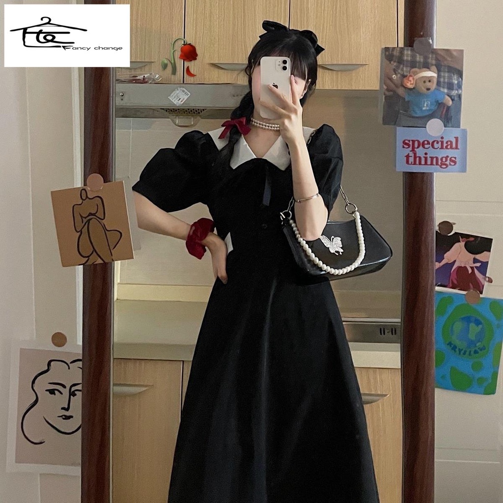 Hàng Có Sẵn Bán Chạy~Đầm Tay Phồng Dài Ôm Eo Màu Đen Kiểu Hàn Quốc Thời Trang Mùa Hè Cho Nữ