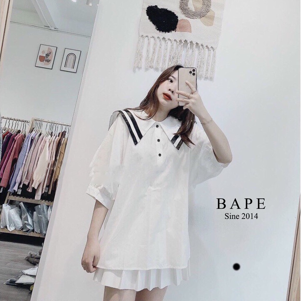 Áo sơ mi nữ Bape tay lỡ cổ thủy thủ viền đen form rộng ulzzang (màu trắng)