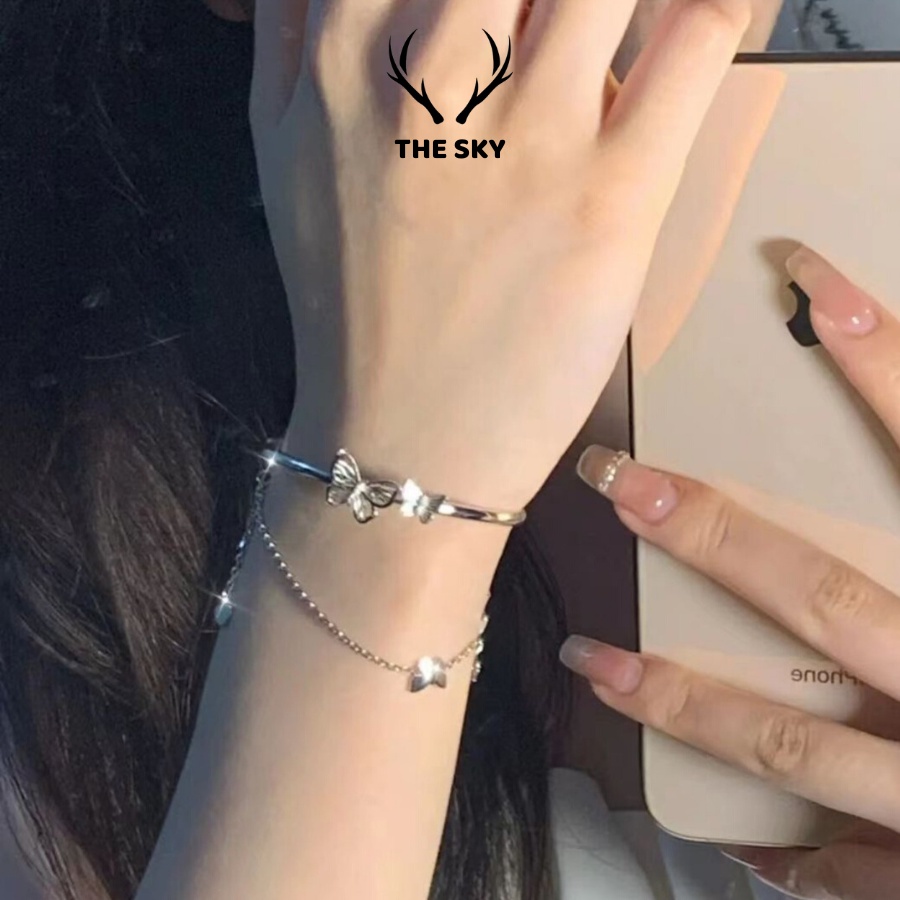 Lắc Tay Bạc Nữ THE SKY VT1025 Mặt Hồ Điệp, Kiềng Tay Nữ Chất Liệu Bạc Ý Phụ Kiện Trang Sức Đẹp